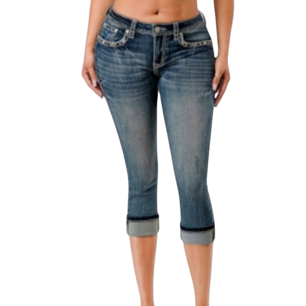 Grace in LA Women's Embellished Flap 5-Pocket Denim Capri Size 34